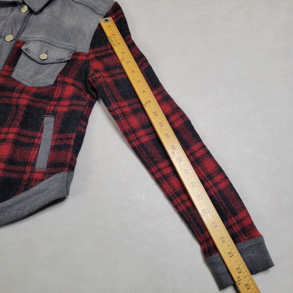 William Rast Motocross Flannel Denim Jacket Womens Red Black Plaid Cowgirl Med - Picture 7 of 13